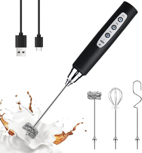 Rechargeable Electric Whisk with 3 Heads 3 Speeds Drink Mixer Coffee Frother For Latte,