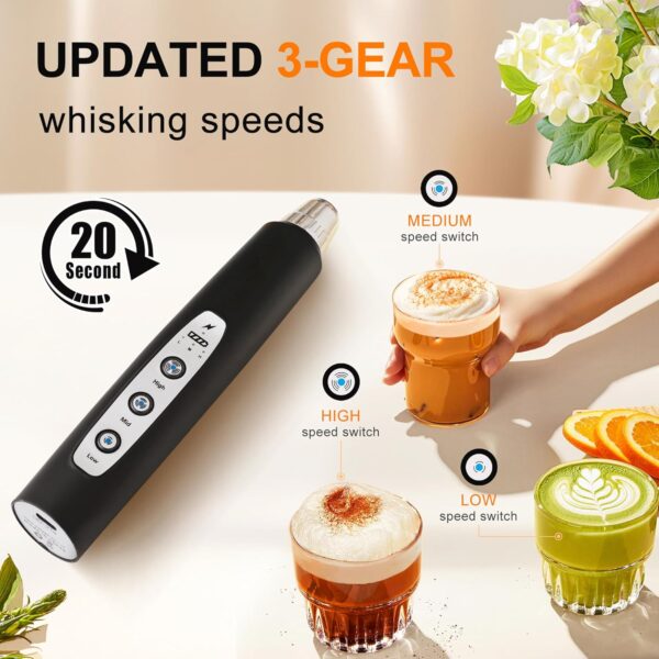 Rechargeable Electric Whisk with 3 Heads 3 Speeds Drink Mixer Coffee Frother For Latte, - Image 4