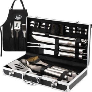 Heavy Duty Stainless Steel BBQ Grill Tools Set for Outdoor Grill with Aluminum Case and Apron