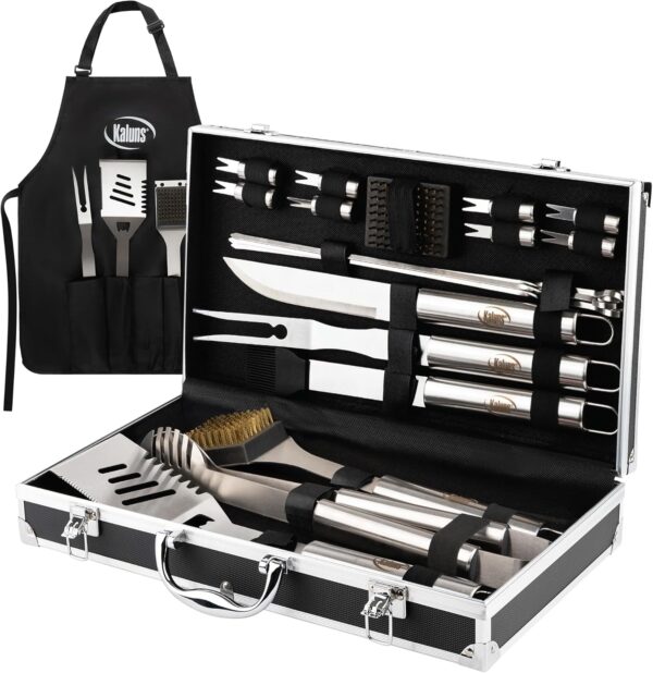 Heavy Duty Stainless Steel BBQ Grill Tools Set for Outdoor Grill with Aluminum Case and Apron